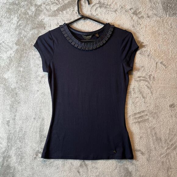 Ted Baker of London‎ Pearl Neck Detail Fitted Blouse Navy Blue Size 2 - Picture 1 of 8